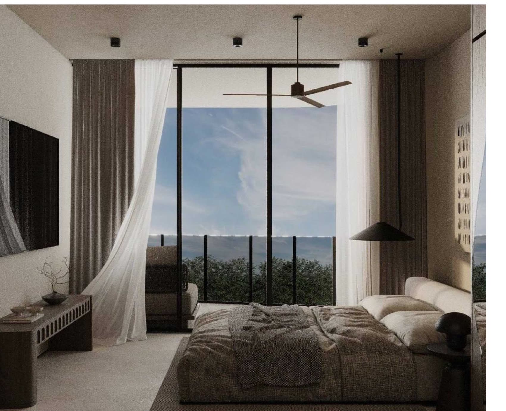 Studio residence interior with ocean-facing balcony, Luma Biohacking Resort