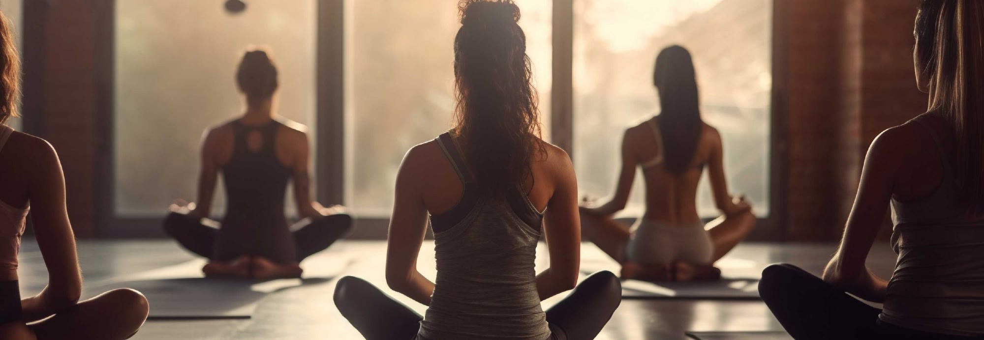 Yoga and sound healing studio at dawn, panoramic windows