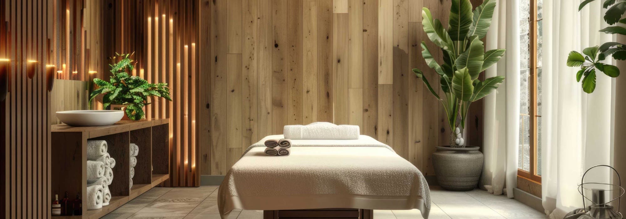 Massage room with timber walls and soft daylight