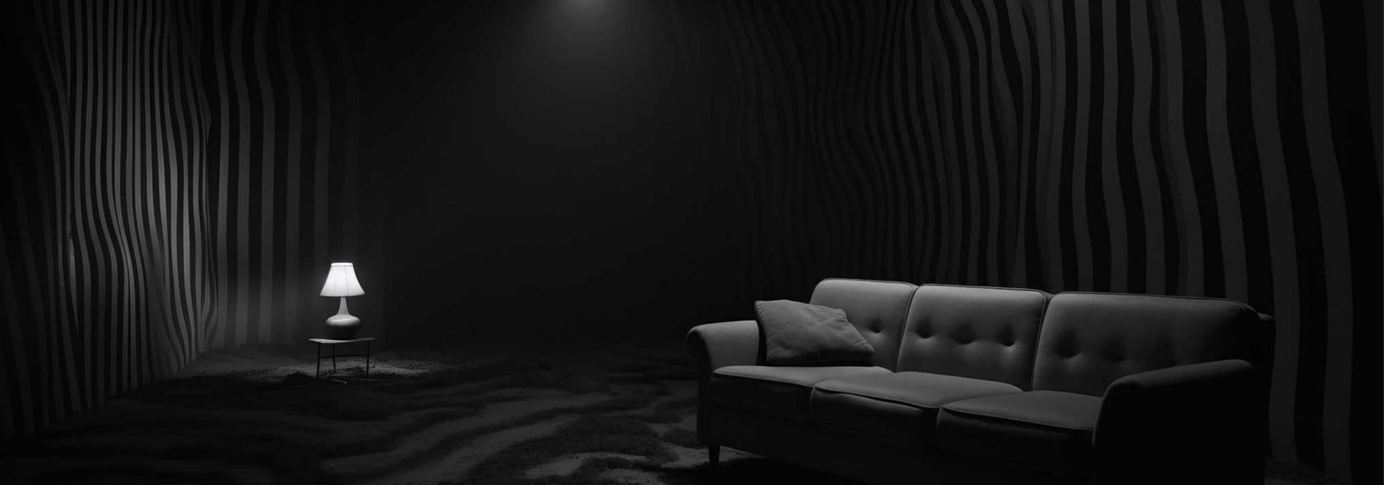 Dark retreat room — near-black space with wavy acoustic walls and a single warm lamp