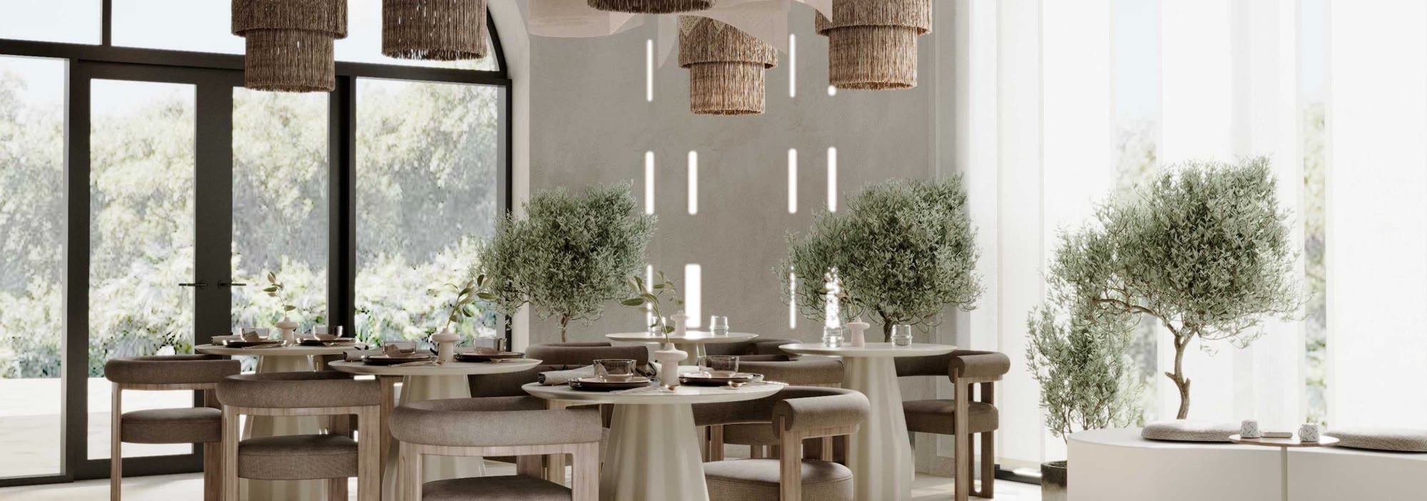 Health Food Bar with communal timber tables and plants, overlooking the jungle