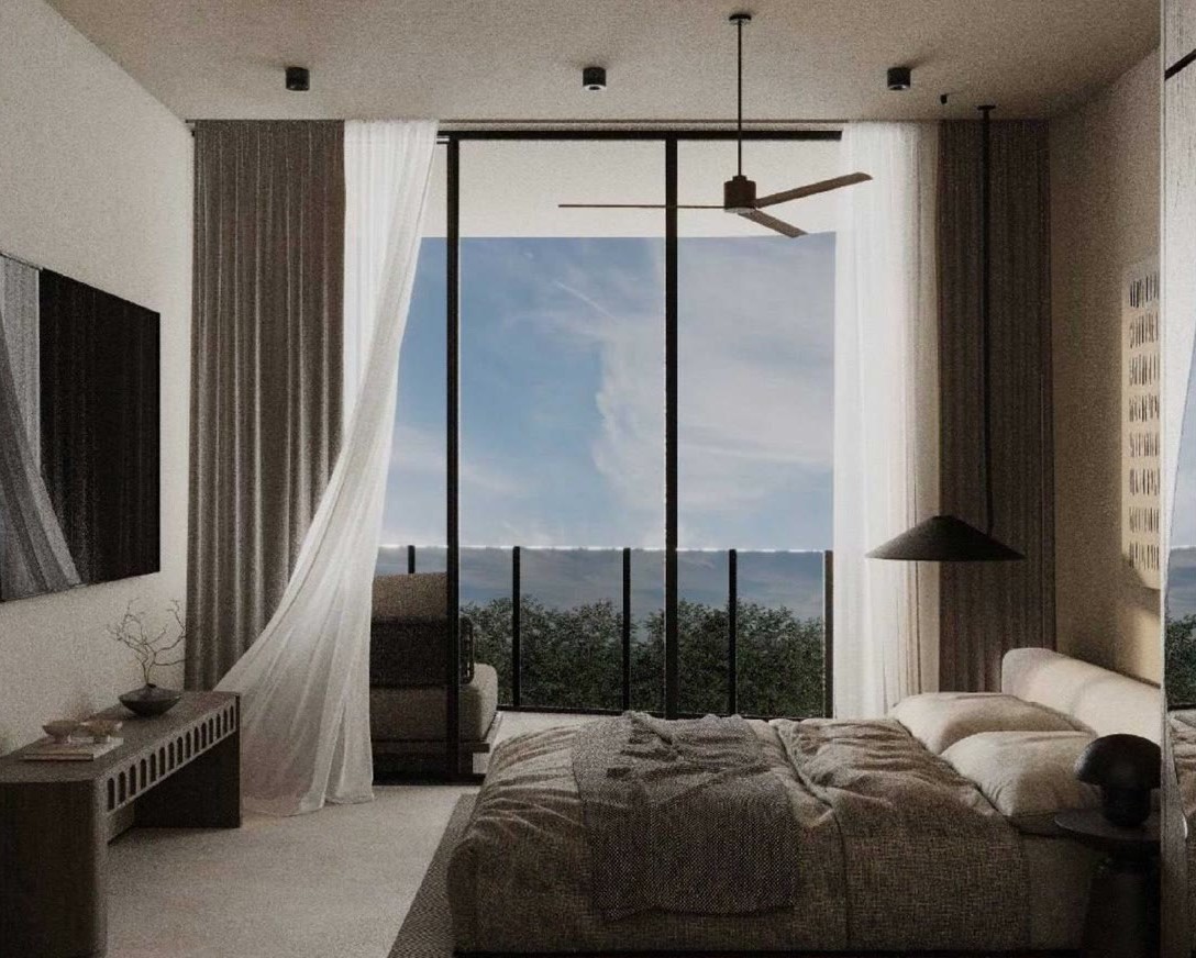 Studio bedroom with panoramic glass and ocean view